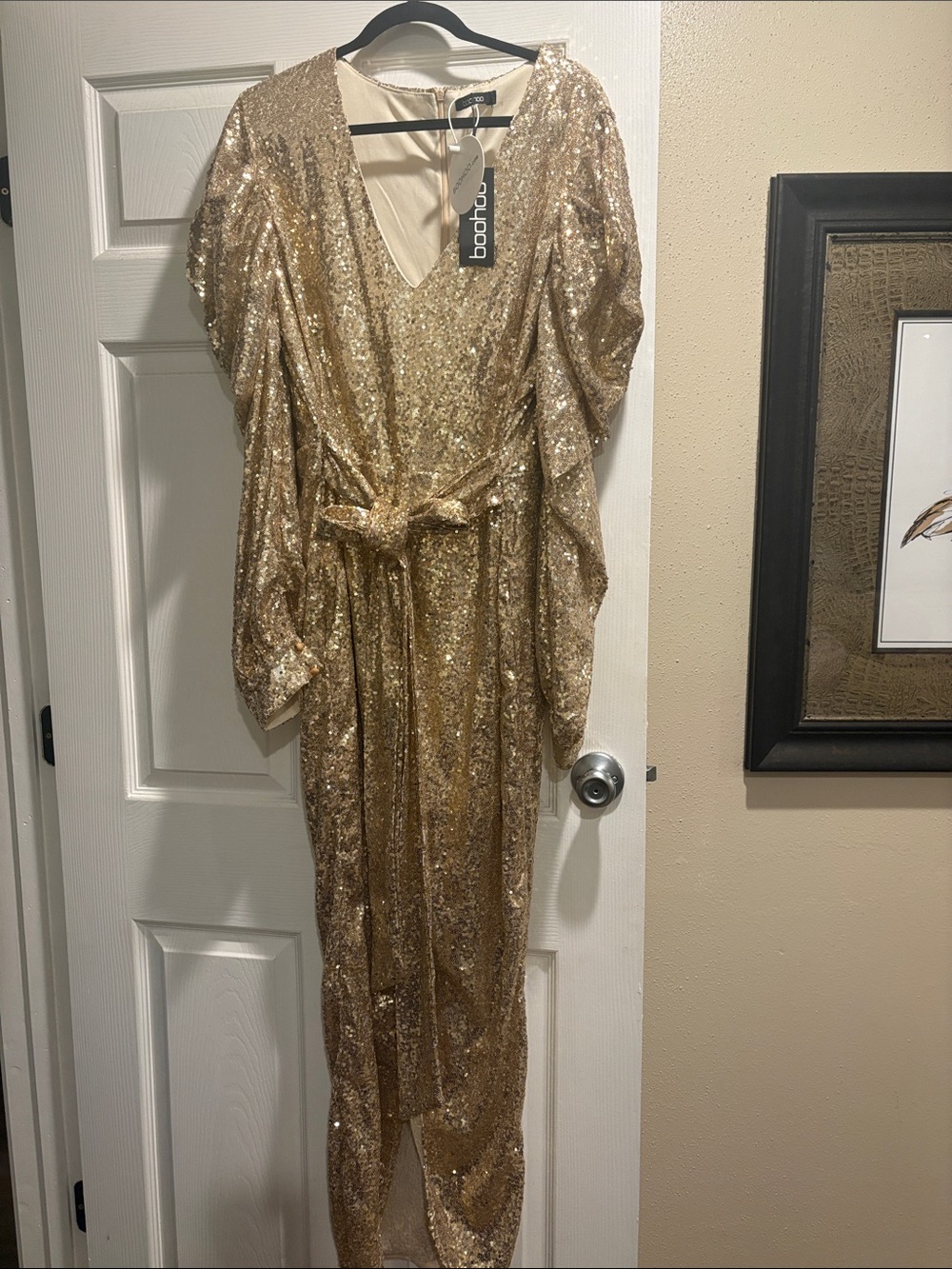 Boohoo Gold Sequin Midi Dress with Waist Tie